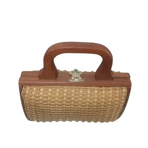 Vintage Wicker Wood Box Purse Top Handle Boho Cottagecore Summer Bag